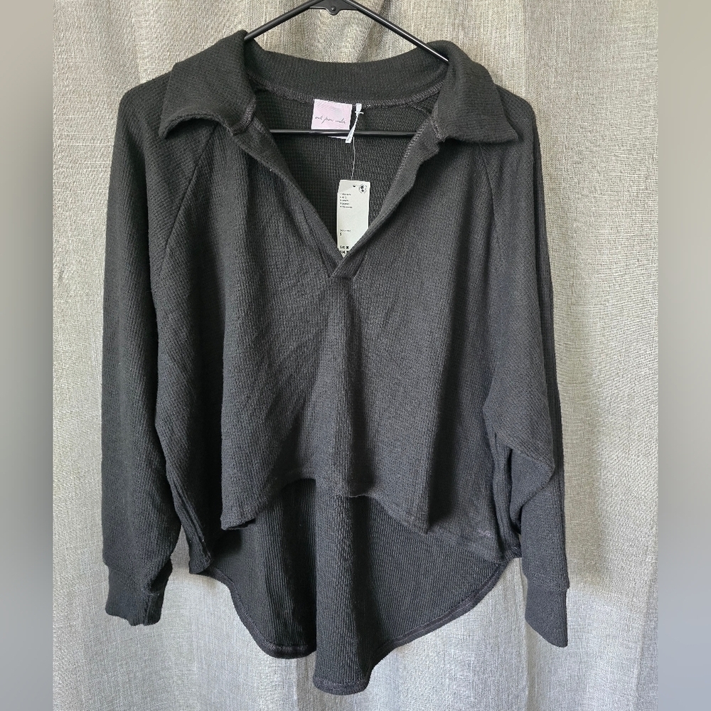 Out From Under Urban Outfitters Black Waffle Knit High Low Long Slv Collared Top